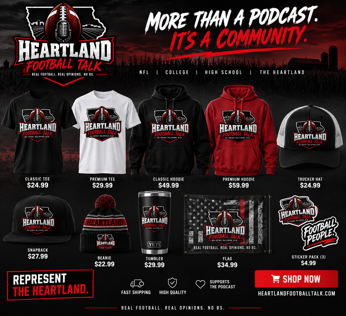 Heartland Football Talk full merch lineup — tees, hoodies, hats, tumbler, flag and stickers
